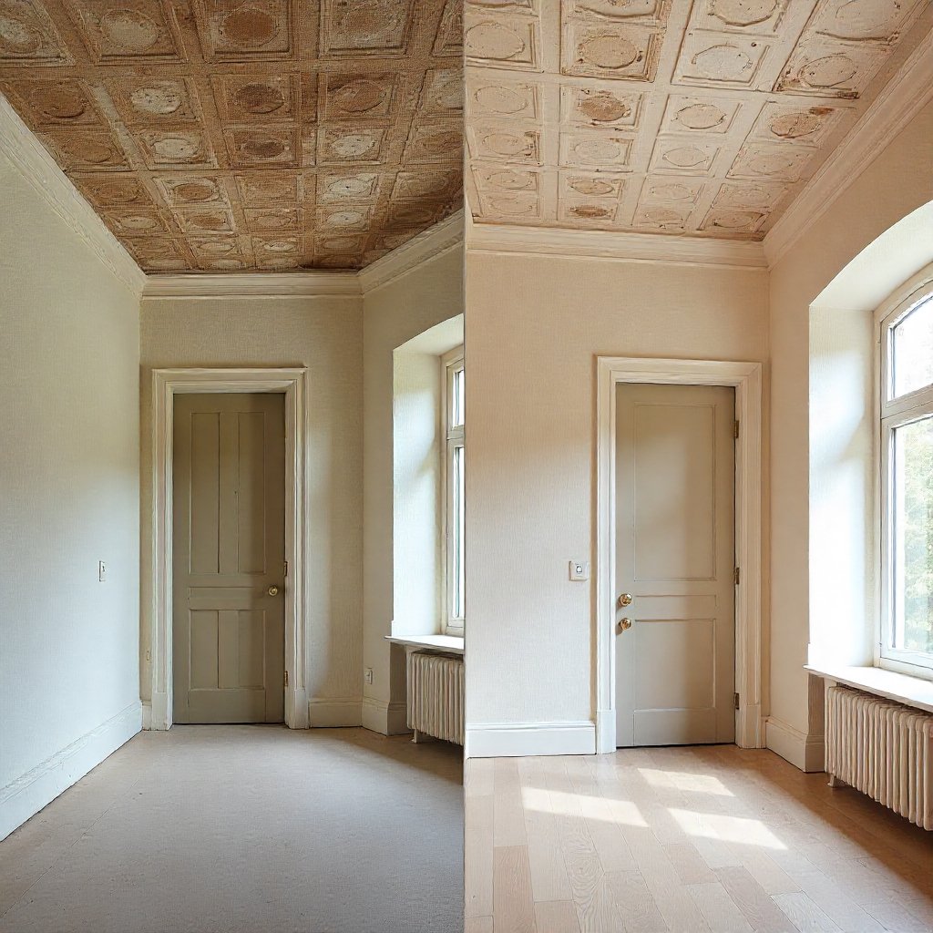 Old stained ceiling tiles next to new, clean acoustic tiles